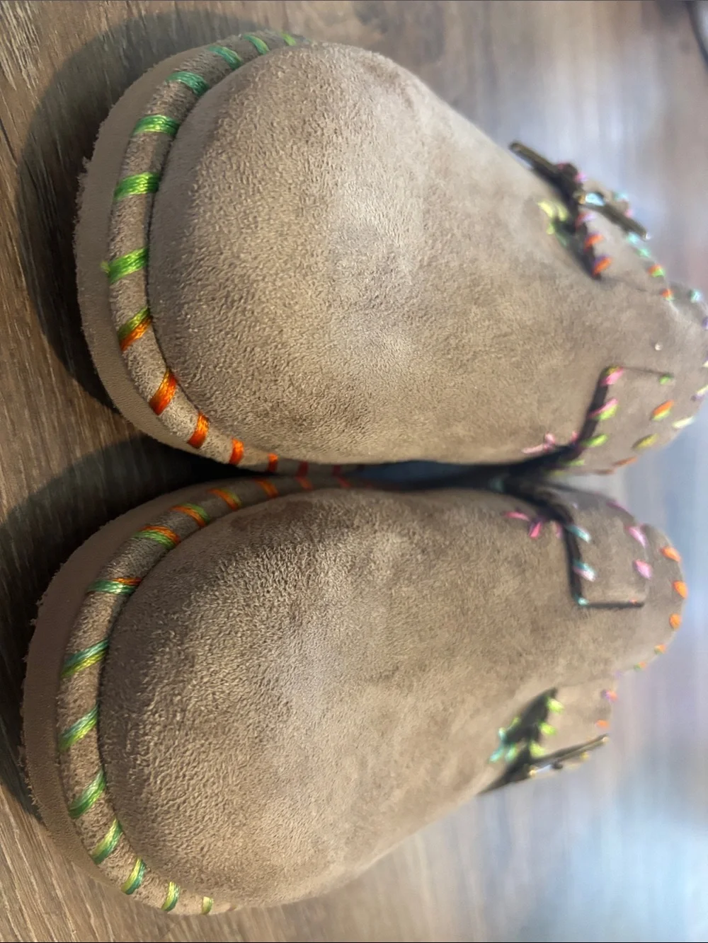 Steve Madden Kids Taupe Suede Slip-On Clogs with Multicolor Stitching
